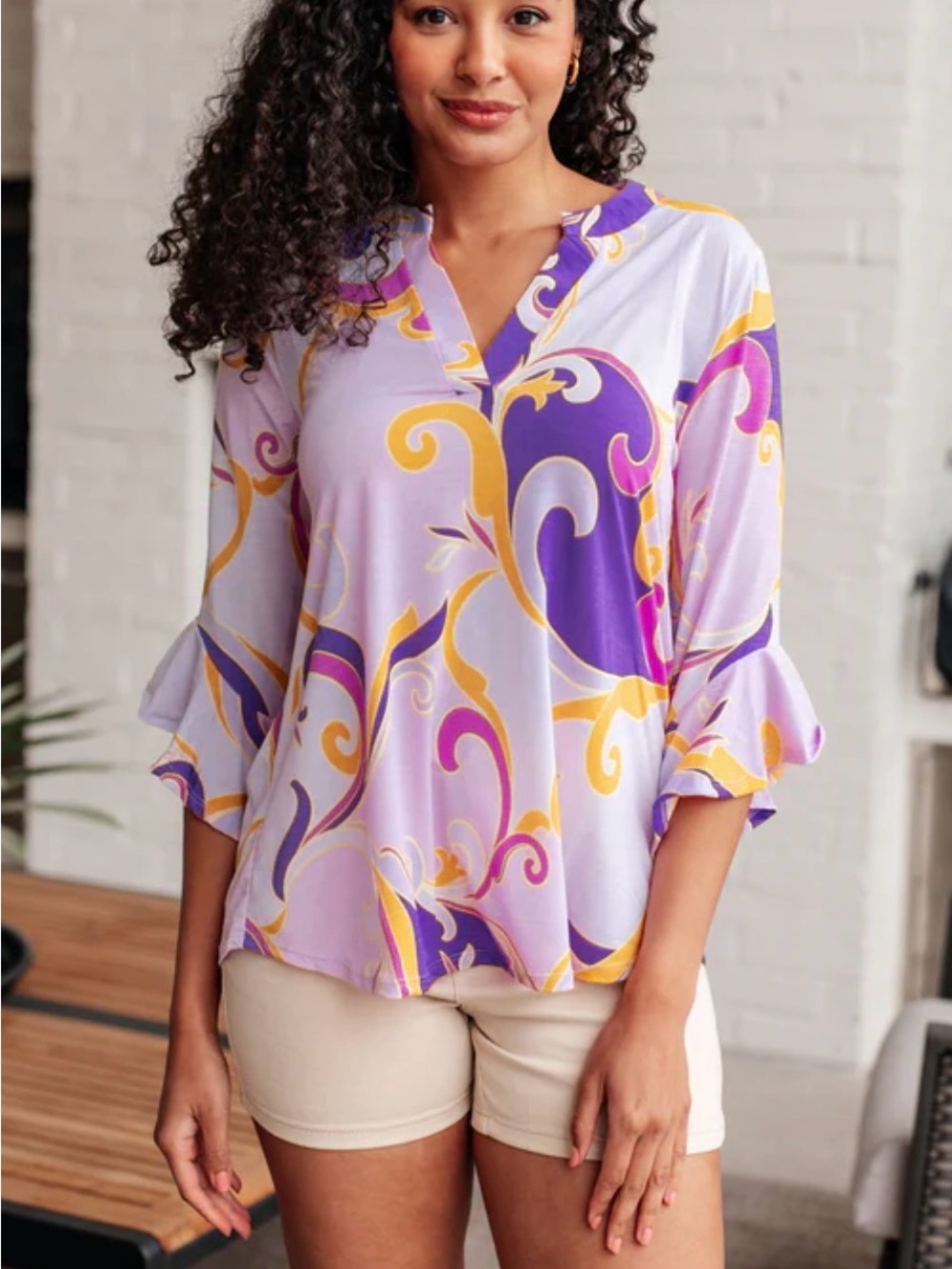Dear Scarlett “Faith” Women’s Floral V-Neck Blouse - Pink & Lavender